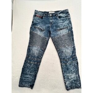 Akademiks Jeanius Level Products Mens 34x30 Moto Biker Acid Wash Splatter Jeans